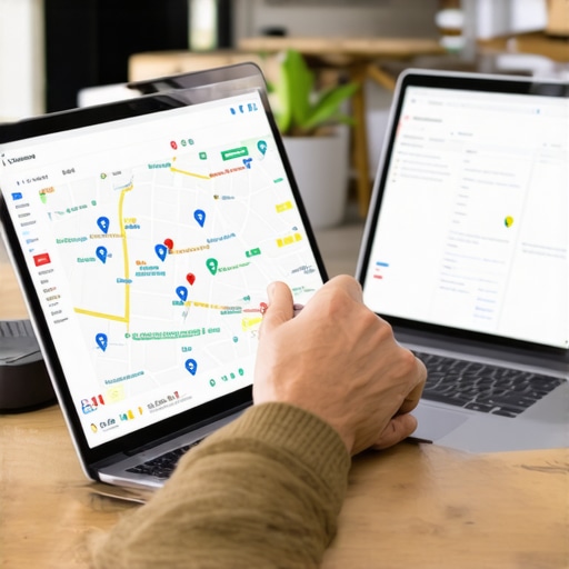 Analyzing Local SEO Data Business owner reviewing local SEO analytics with Google Maps on a laptop.