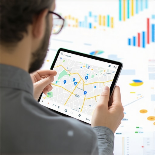 Expert Analyzing Google Maps Data SEO specialist reviewing Google Maps ranking charts on a tablet.