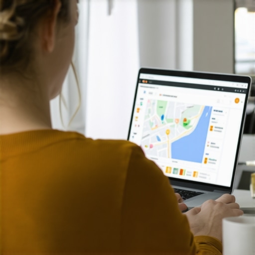 Optimizing Google My Business for Local SEO Business owner working on Google My Business profile on laptop for local SEO