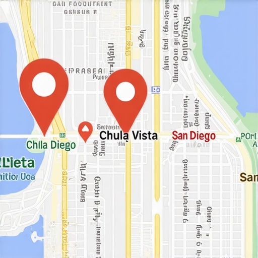 Map showing business locations in Chula Vista and San Diego with emphasis on Google Maps ranking