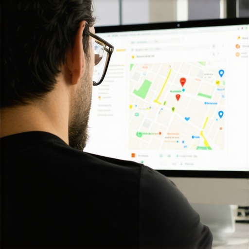 Business owner editing Google My Business profile on laptop with Google Maps on screen.