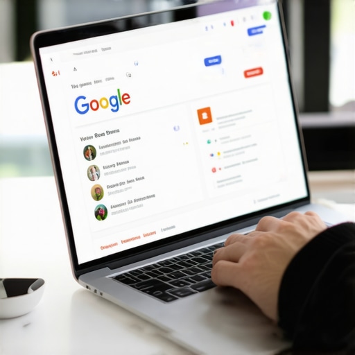 Person working on Google My Business profile on laptop with local business icons.