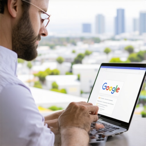 Business owner updating GMB profile on laptop with San Diego skyline