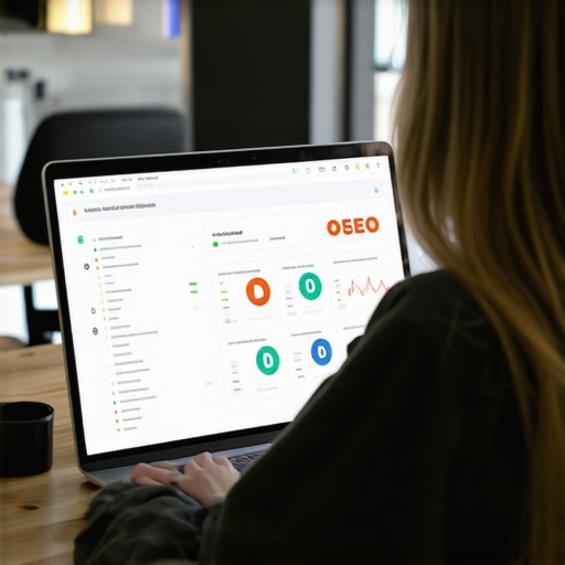 Person working on SEO tools on a laptop in an office, representing local SEO maintenance
