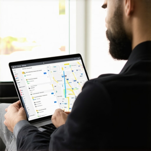 Business owner reviewing Google Maps analytics on laptop with San Diego map in background.