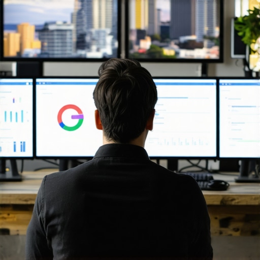 Local SEO Tools in Action A person analyzing SEO performance metrics on computer screens with San Diego landmarks visible.