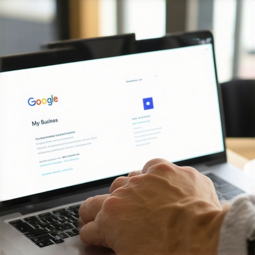 Digital marketer working on Google My Business profile on laptop with SEO tools