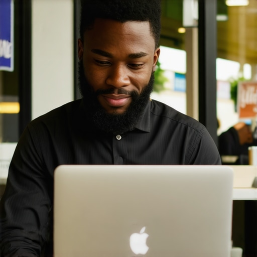 Business owner updating Google My Business profile on a laptop in front of their storefront.