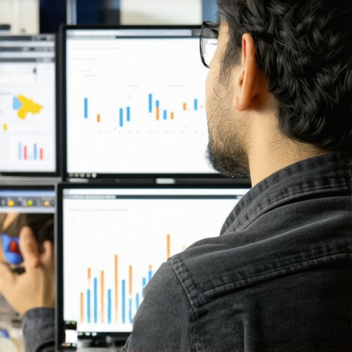 A person reviewing SEO analytics with focus on local map rankings on multiple monitors.