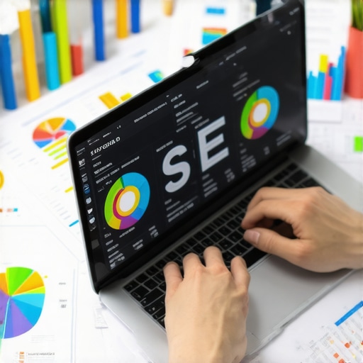 Marketing professional studying local SEO analytics on a laptop with charts and maps.