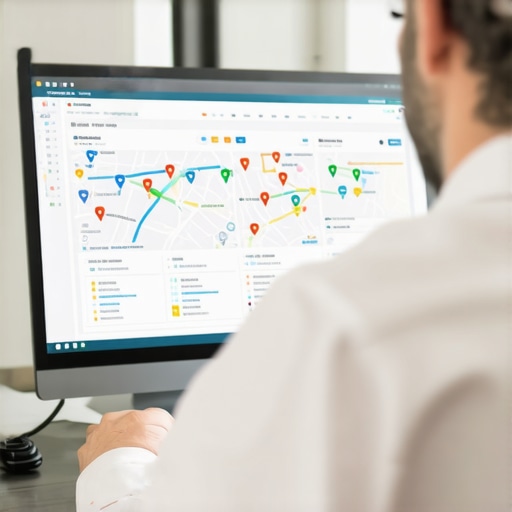 Business owner analyzing local SEO performance on a laptop with maps and charts.