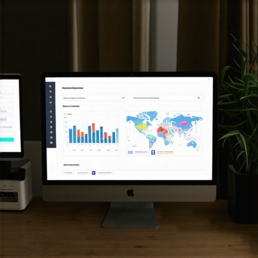 Effective Local SEO Workflow A workspace with SEO dashboards and maps on the computer screen, illustrating tools for maintaining local search rankings.