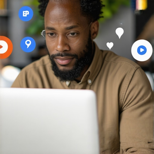 Digital marketer working on Google My Business profile in an office environment.