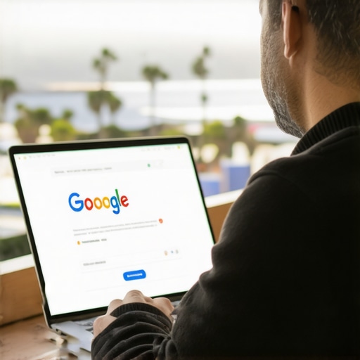 Business owner updating Google My Business profile on laptop with San Diego background.