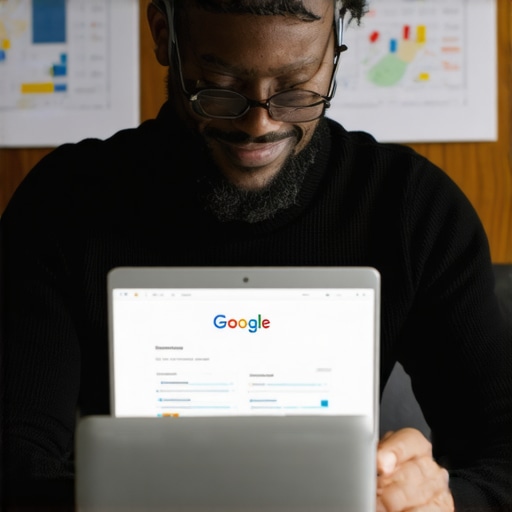 Business owner enhancing Google profile on laptop with charts and maps.