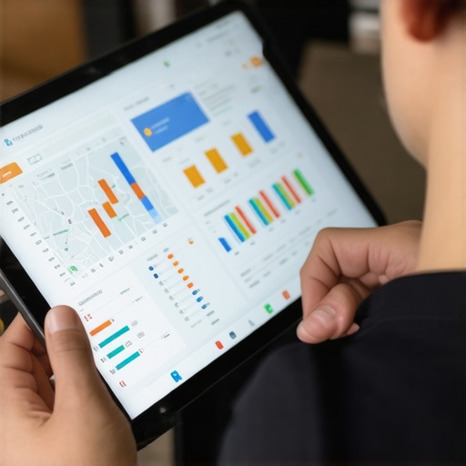 Person reviewing local SEO data on a tablet using maps and analytics graphs.