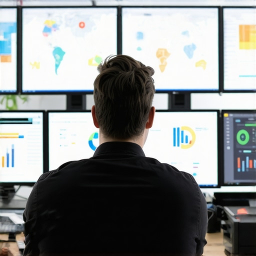 A professional analyzing local SEO metrics and maps on dual monitors, highlighting the importance of ongoing maintenance