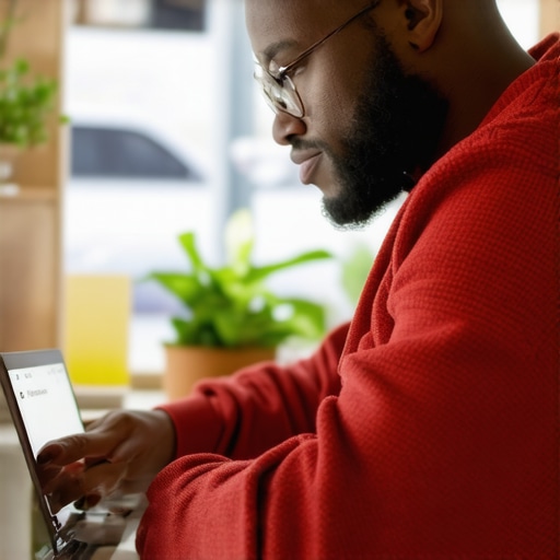 Business owner optimizing GMB profile on laptop in office.