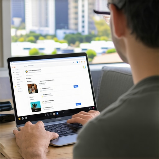 Business owner updating Google My Business profile on laptop with San Diego scenery.