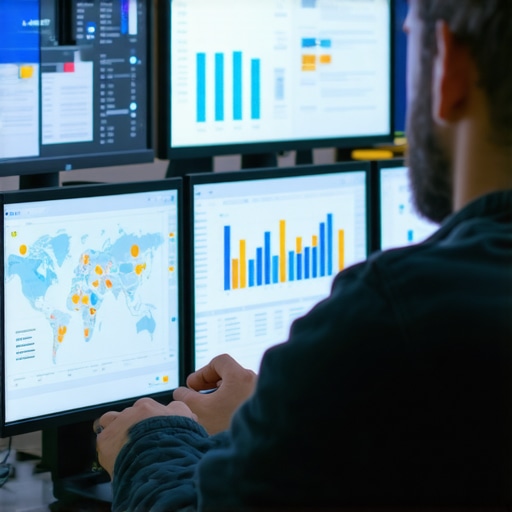 Marketing professional reviewing local SEO performance analytics on multiple computer screens.