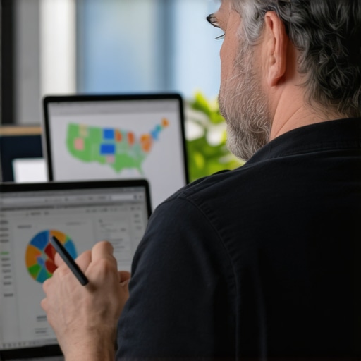 Business owner reviewing local SEO analytics on laptop with maps and charts